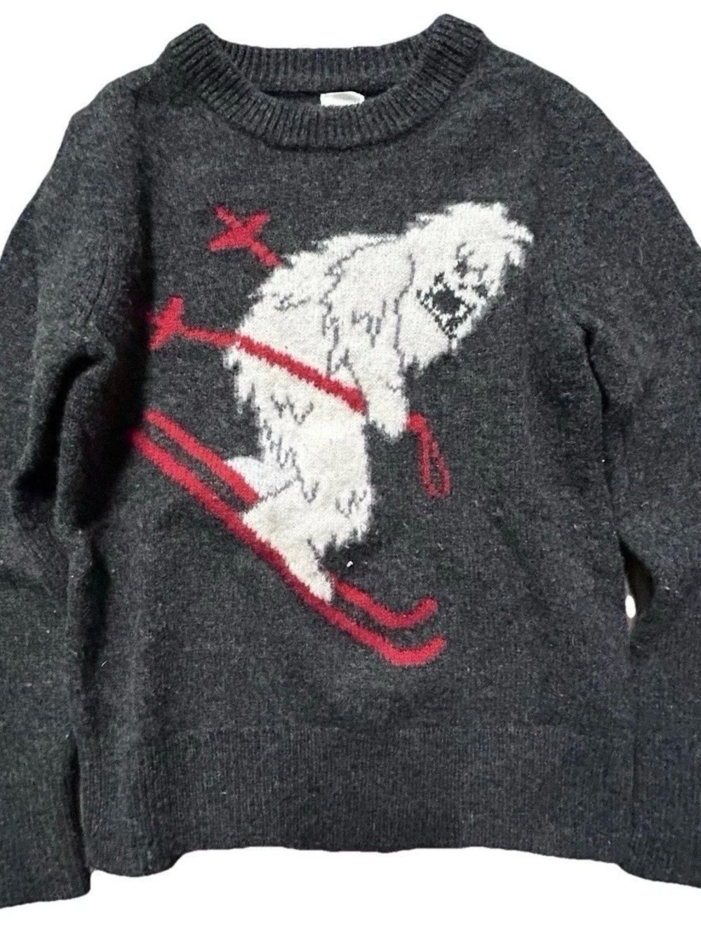 J. Crew Charcoal Crewneck Sweater with Skiing Yeti Graphic - Red & White